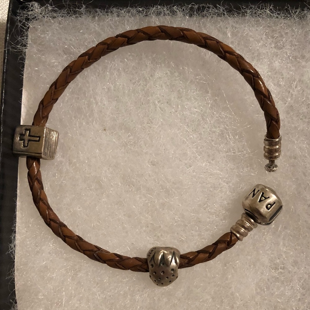 Pandora Brown Leather Bracelet with Two Charms